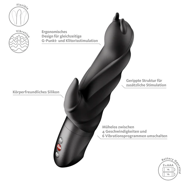 Black silicone devil vibrator with text on a white background