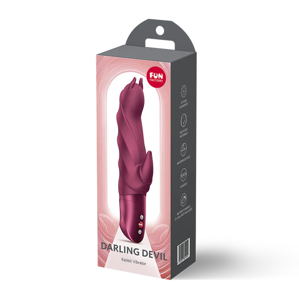 Pink devil vibrator in packaging with 'FUN Factory' branding on a white background