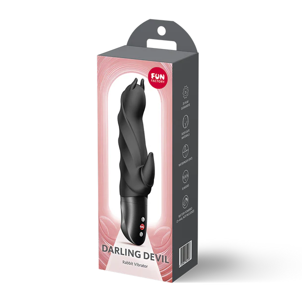 Black devil vibrator in packaging with 'FUN FACTORY' branding on a white background