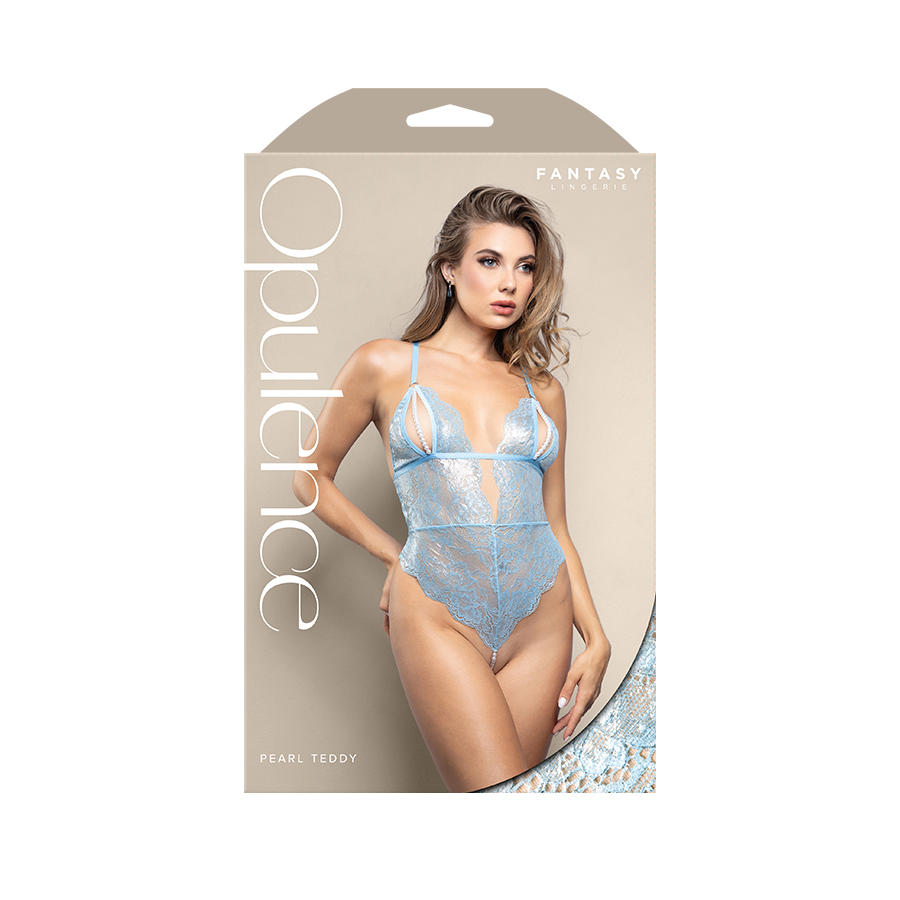 Teddy with split pearl string cups, cut-out back and pearl string crotch in metallic foil lace (Light blue)