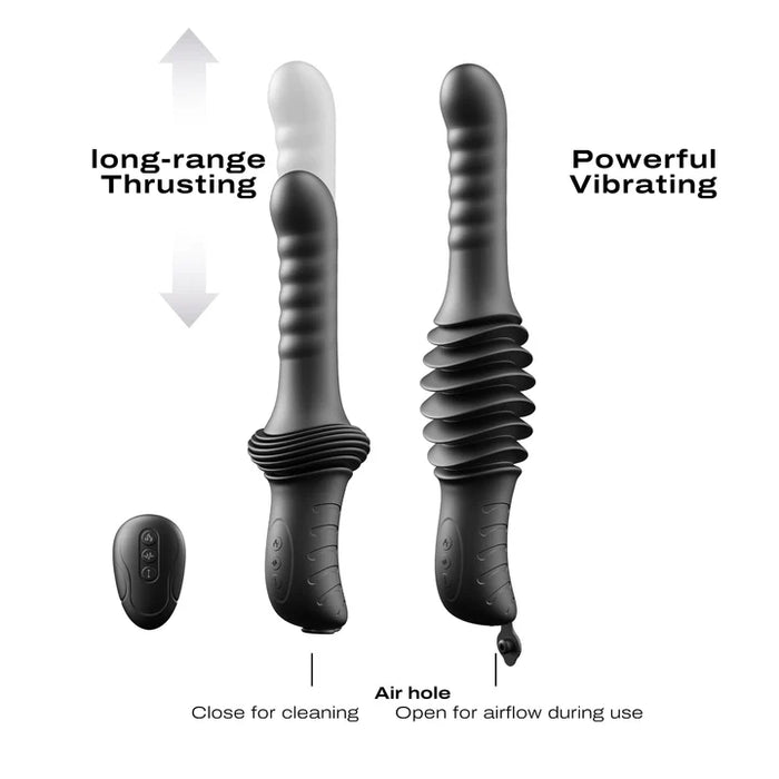2 black thrusting vibrators with specs on a white back ground