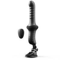 black thrusting vibrator with suction base and remote control on a white back ground 
