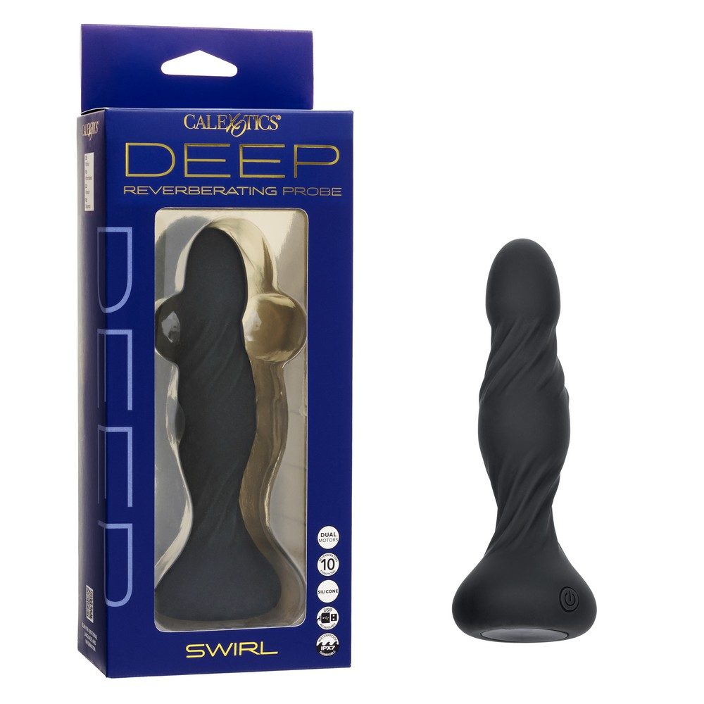 Black swirl-shaped anal plug with packaging labeled 'Calexotics Deep' on a white background