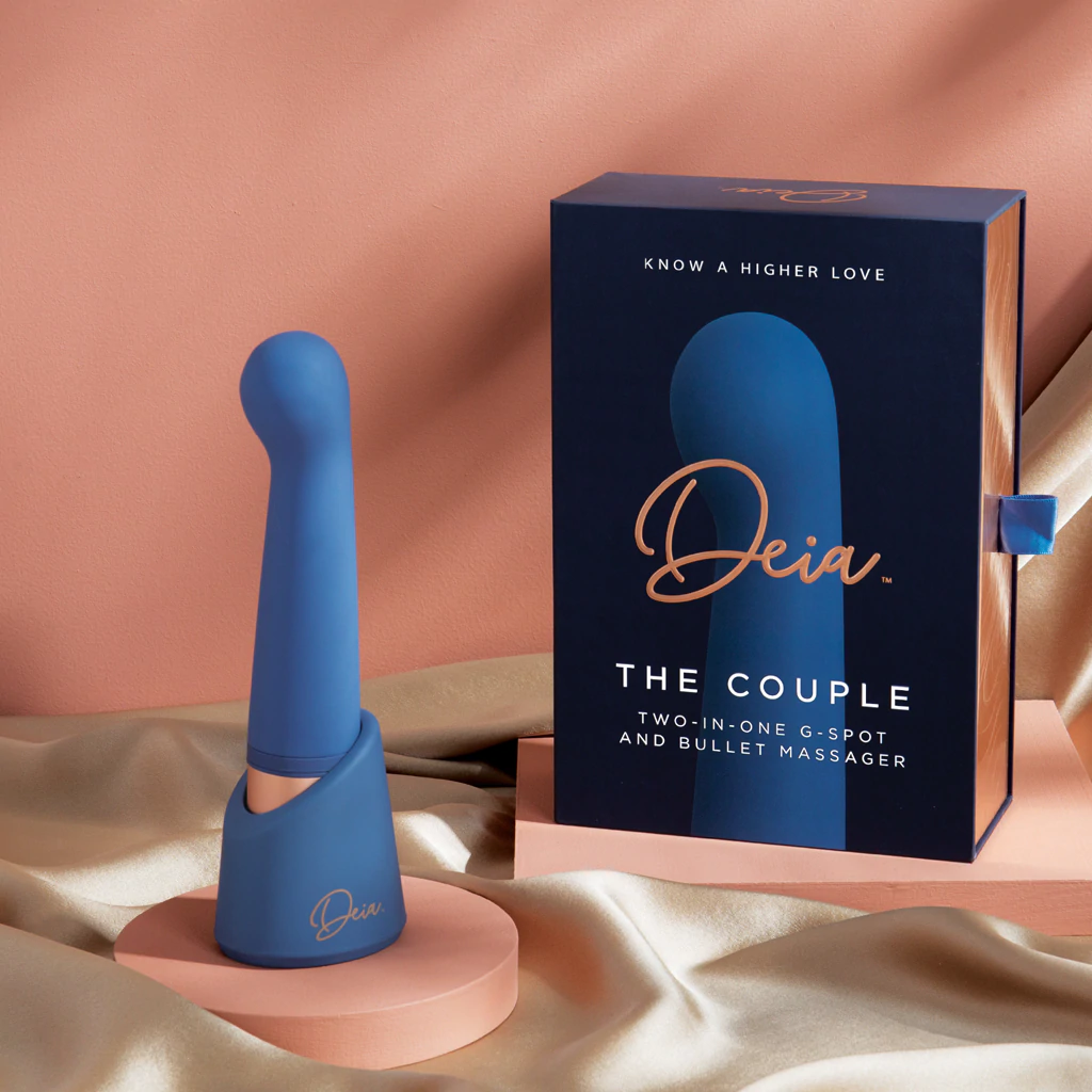 blue vibrator, with bottom base, beside box packaging