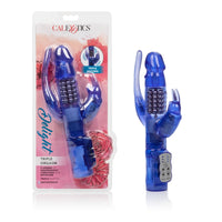 blue beaded dual penetration rabbit with anal stimulator next to package