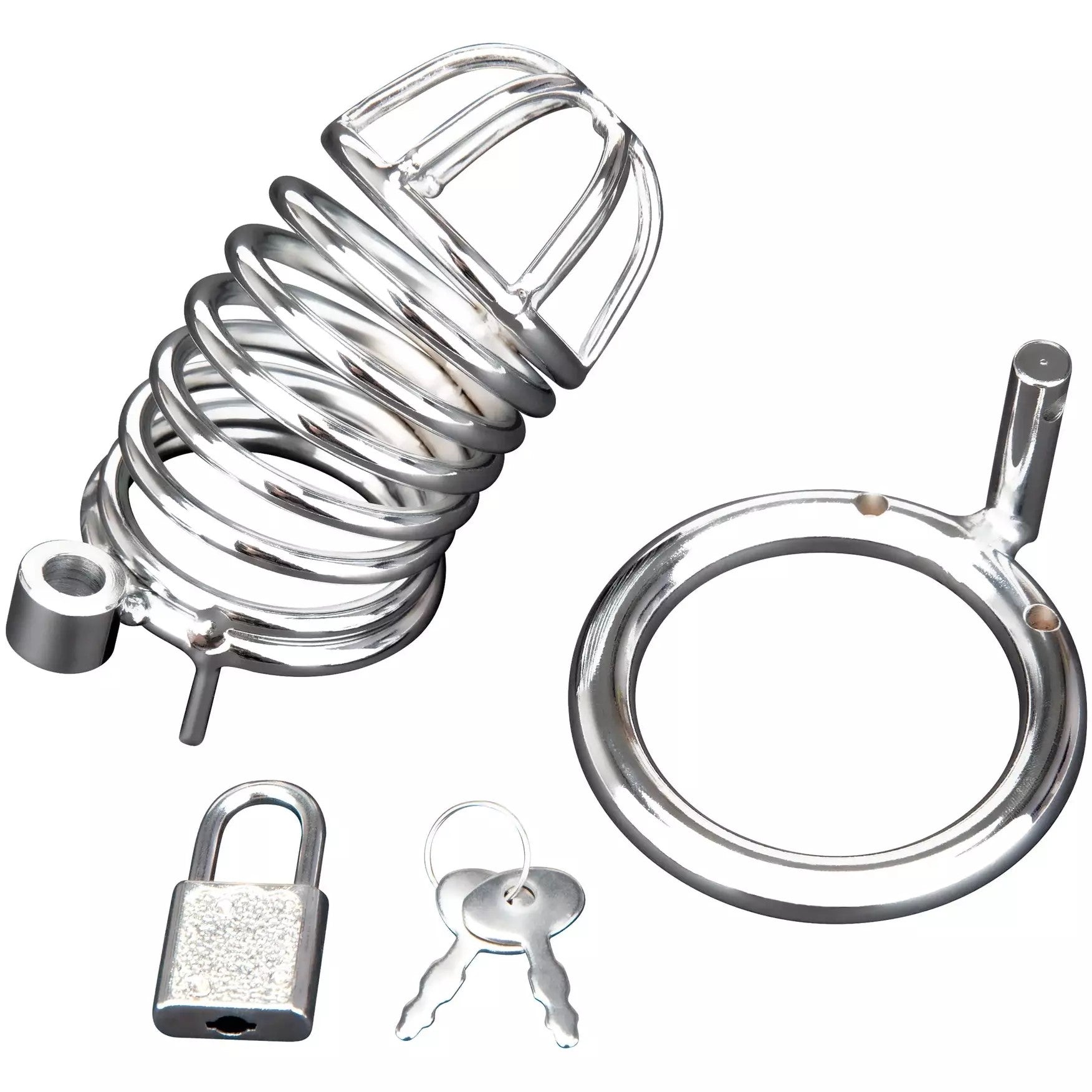 Silver penis shaped set of rings with a removable silver ring base, a silver lock and two silver keys 