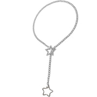 Silver chain necklace with star pendants on a white background