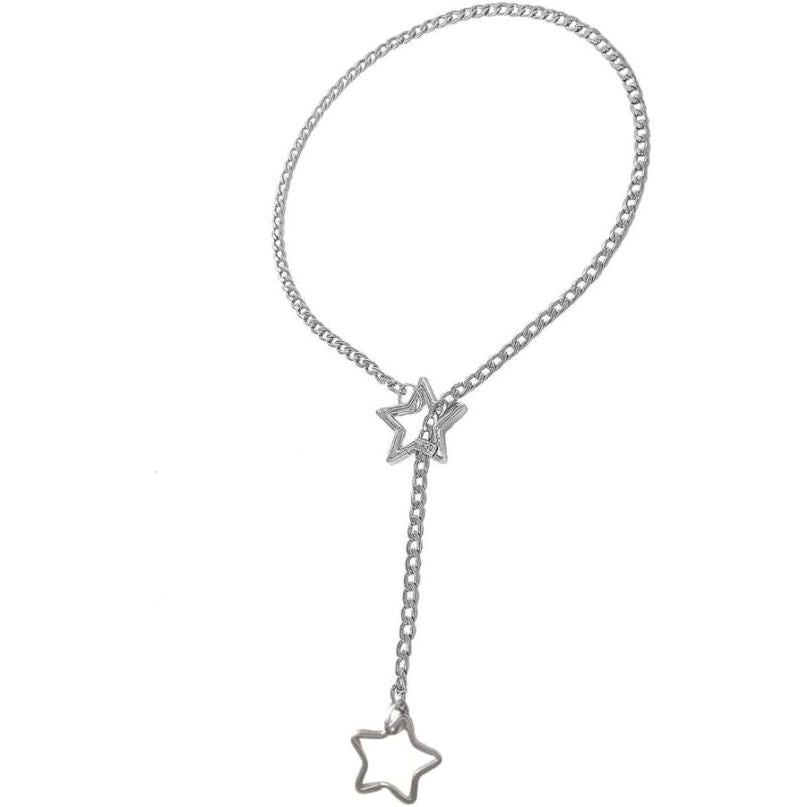 Silver chain necklace with star pendants on a white background