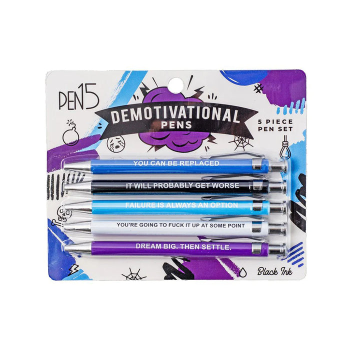 Pack of demotivational pens with humorous sayings on a colorful packaging.