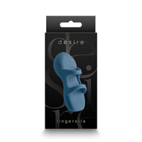 Blue silicone finger vibrator in packaging with 'desire' branding on a white background