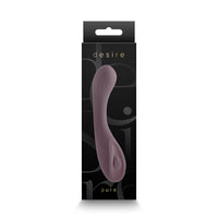 Purple vibrator in a 'desire' branded packaging on a white background