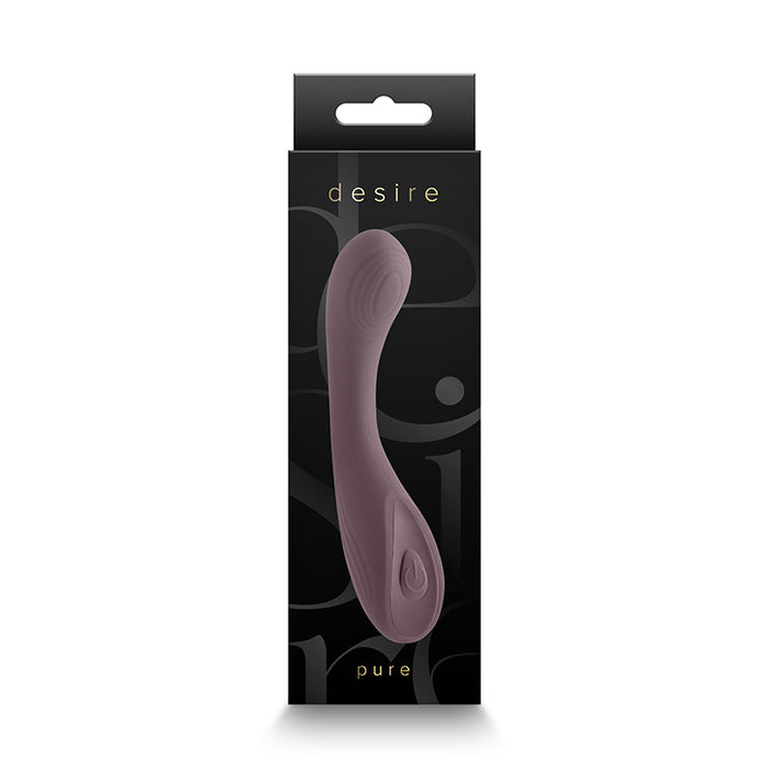 Purple vibrator in a 'desire' branded packaging on a white background