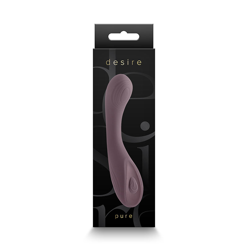Purple vibrator in a 'desire' branded packaging on a white background