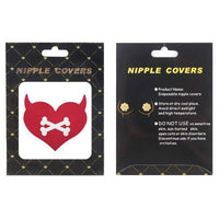Nipple cover packaging with red heart and crossbones design on a black background.