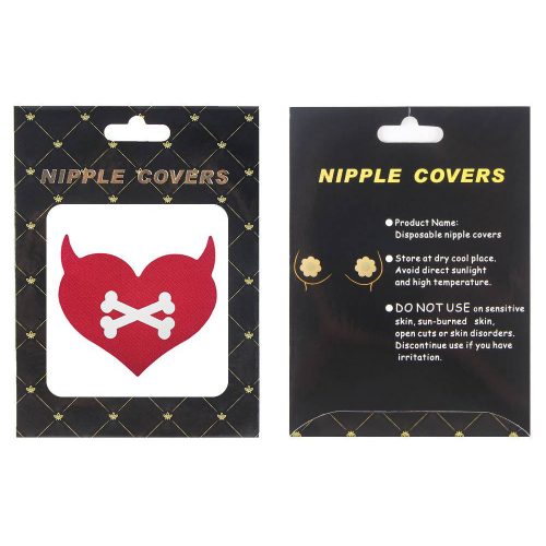 Nipple cover packaging with red heart and crossbones design on a black background.