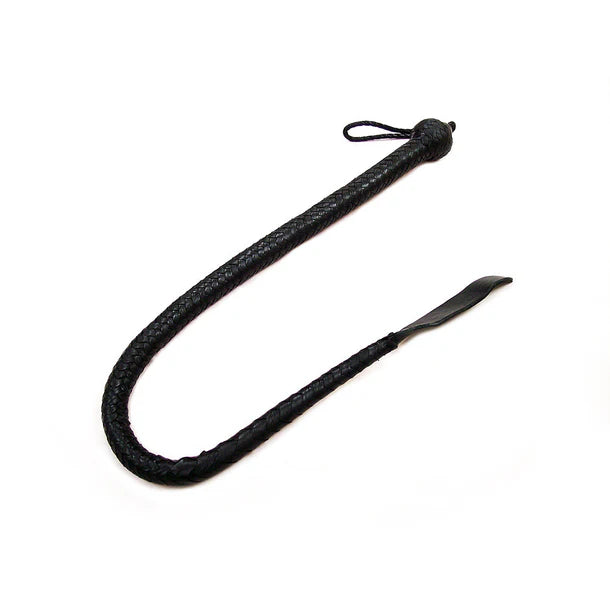 Black leather whip on a white background