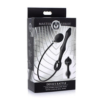Packaging of Master Series Devil's Rattle inflatable silicone plug with cock and ball ring on a white background.