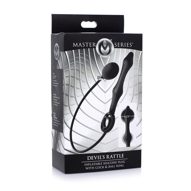 Packaging of Master Series Devil's Rattle inflatable silicone plug with cock and ball ring on a white background.