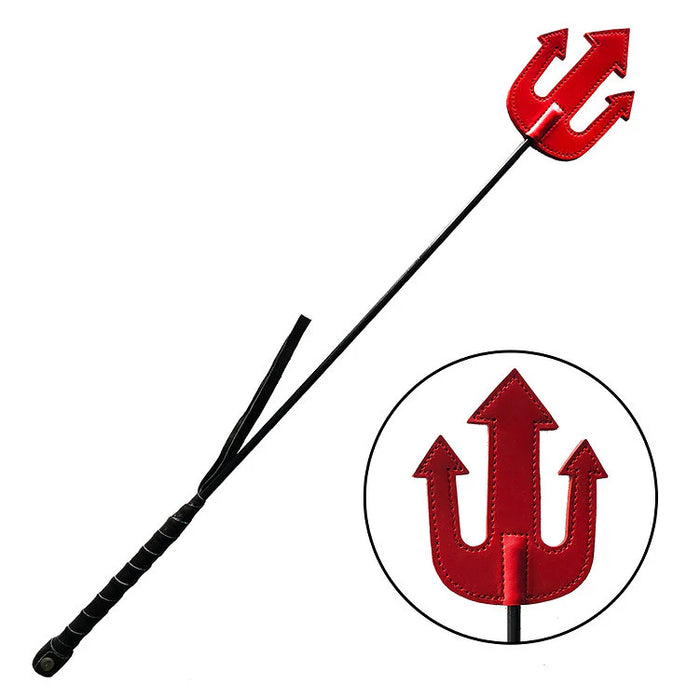 Red trident with black handle riding crop on a white background
