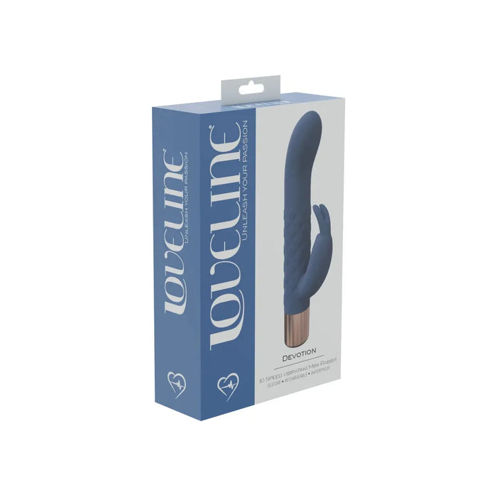 curved tip with rabbit clitoral stimulation vibrator on box blue