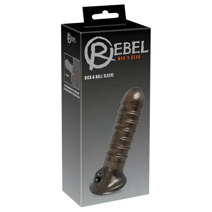 penis shaped extension with ridges and hole for your balls to go though on box cover 