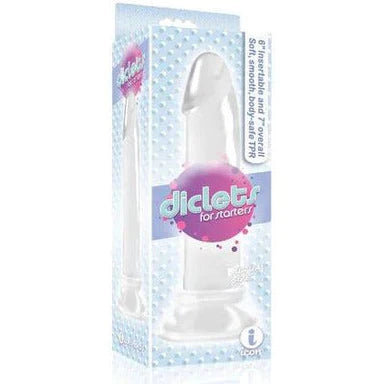 a blue display box that depicts a clear penis shaped smooth  dildo with a suction cup base