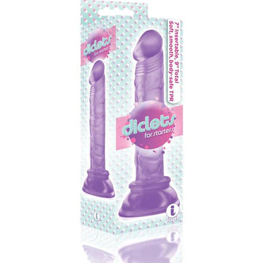 a blue display box that depicts a purple penis shaped dildo with a suction cup base