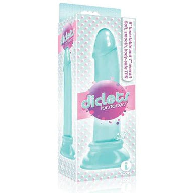 a blue display box that depicts a blue penis shaped smooth dildo with a suction cup base