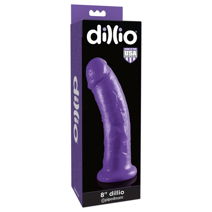 a purple and black display box depicting a purple penis shaped dildo with a suction cup base