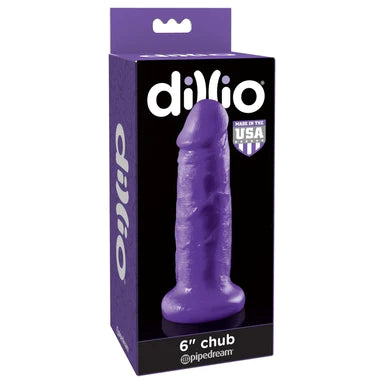 a purple and black display box depicting a purple penis shaped dildo with a suction cup base