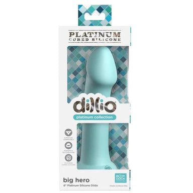 a blue smooth dildo with a penis shaped head and a suction cup base, shown within its white display box