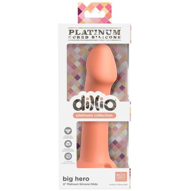 a coral smooth dildo with a penis shaped head and a suction cup base, shown within its white display box