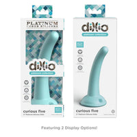 the front and back view of a display box depicting a blue smooth tapered dildo with a suction cup base