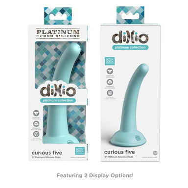 the front and back view of a display box depicting a blue smooth tapered dildo with a suction cup base