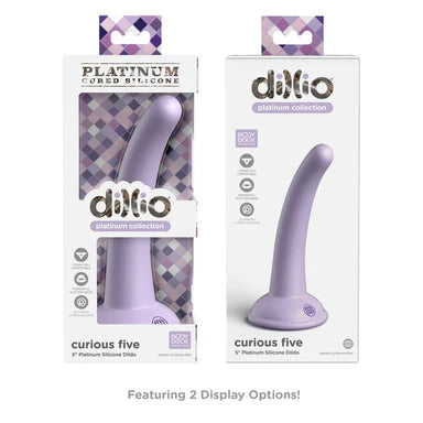 the front and back view of a display box depicting a purple smooth tapered dildo with a suction cup base
