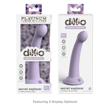 the front and back view of a display box depicting a purple smooth tapered dildo with a bulbus tip and a suction cup base