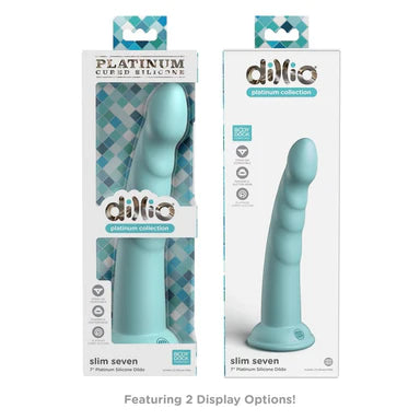 the front and back view of a display box depicting a blue ridged tapered dildo with a bulbus tip and a suction cup base