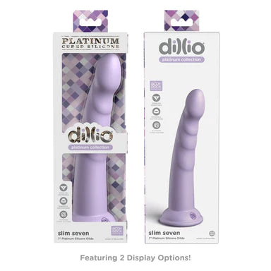 the front and back view of a display box depicting a purple ridged tapered dildo with a bulbus tip and a suction cup base