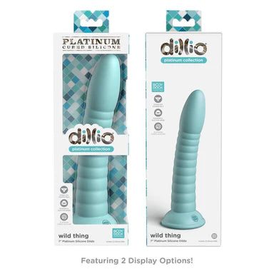 the front and back view of a display box depicting a blue ridged shafted dildo with a smooth tip and a suction cup base