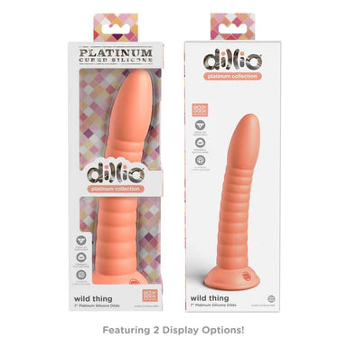 the front and back view of a display box depicting a coral ridged shafted dildo with a smooth tip and a suction cup base
