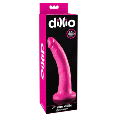 a pink and black display box depicting a pink penis shaped dildo with a suction cup base