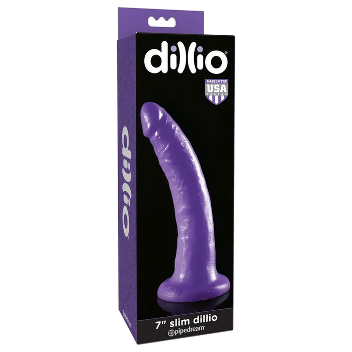 a purple and black display box depicting a purple penis shaped dildo with a suction cup base