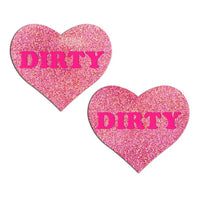 pink heart glitter pasties with the word dirty on bright pink