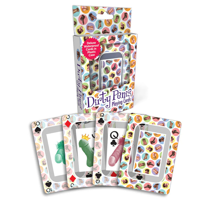 Playing cards with penis designs and packaging on a white background