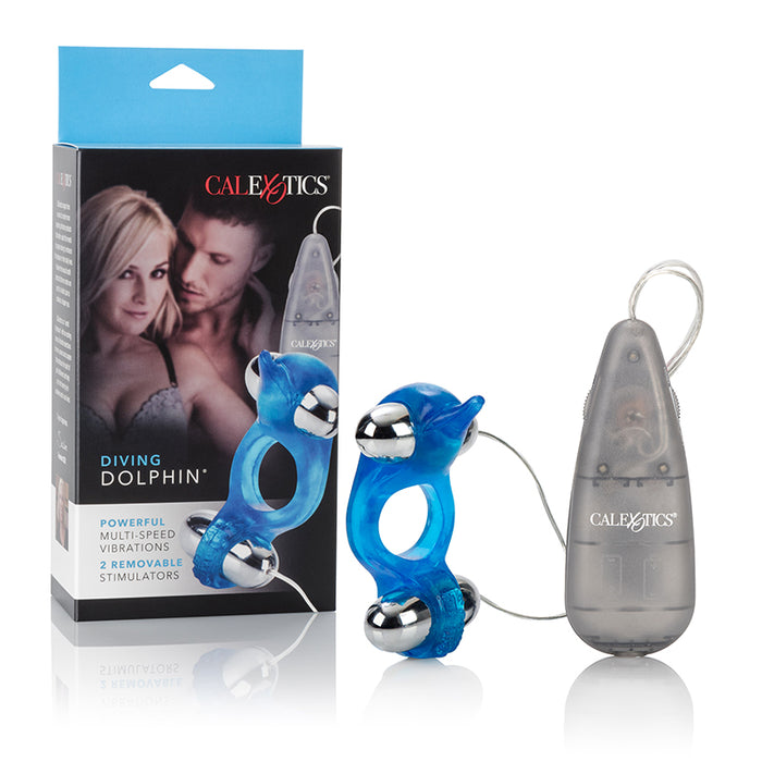 blue jelly dolphin shaped cock ring with 2 silver wired remote control bullets next to cal exotics box