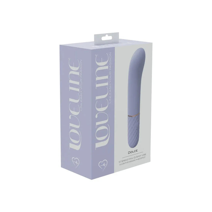 curved tip vibrator with smooth and ridged handle on box cover  purple
