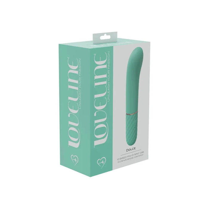 curved tip vibrator with smooth and ridged handle on box cover  green