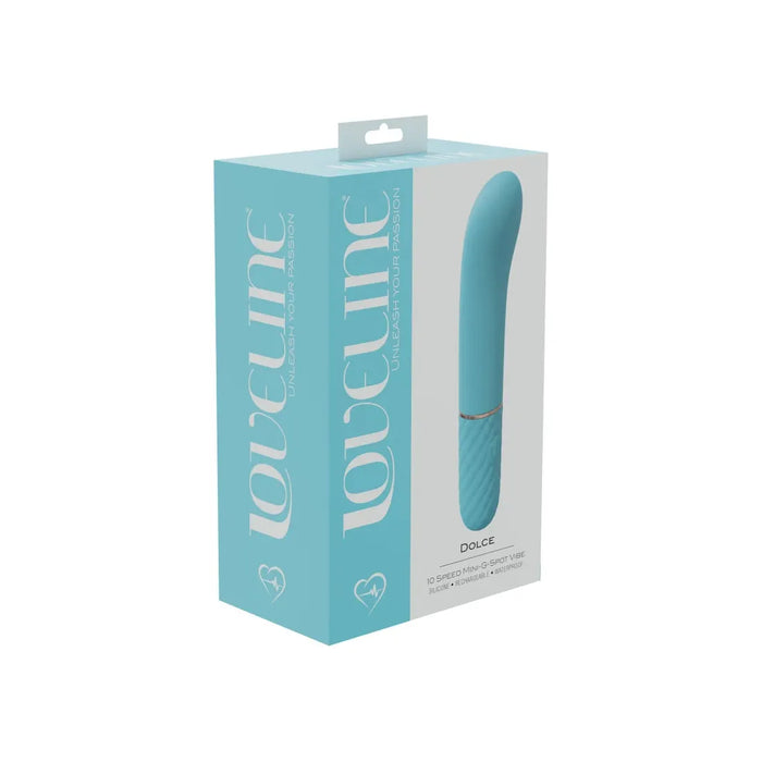 curved tip vibrator with smooth and ridged handle on box cover blue 