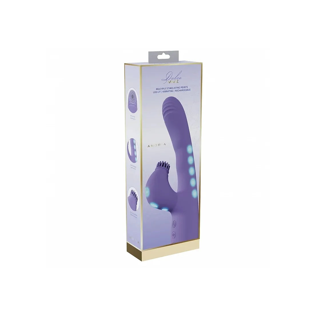 A boxed personal massager shown in its retail packaging on a plain white background. The box is predominantly white and lavender with gold trim and printed product imagery, including a purple curved device with blue light accents.