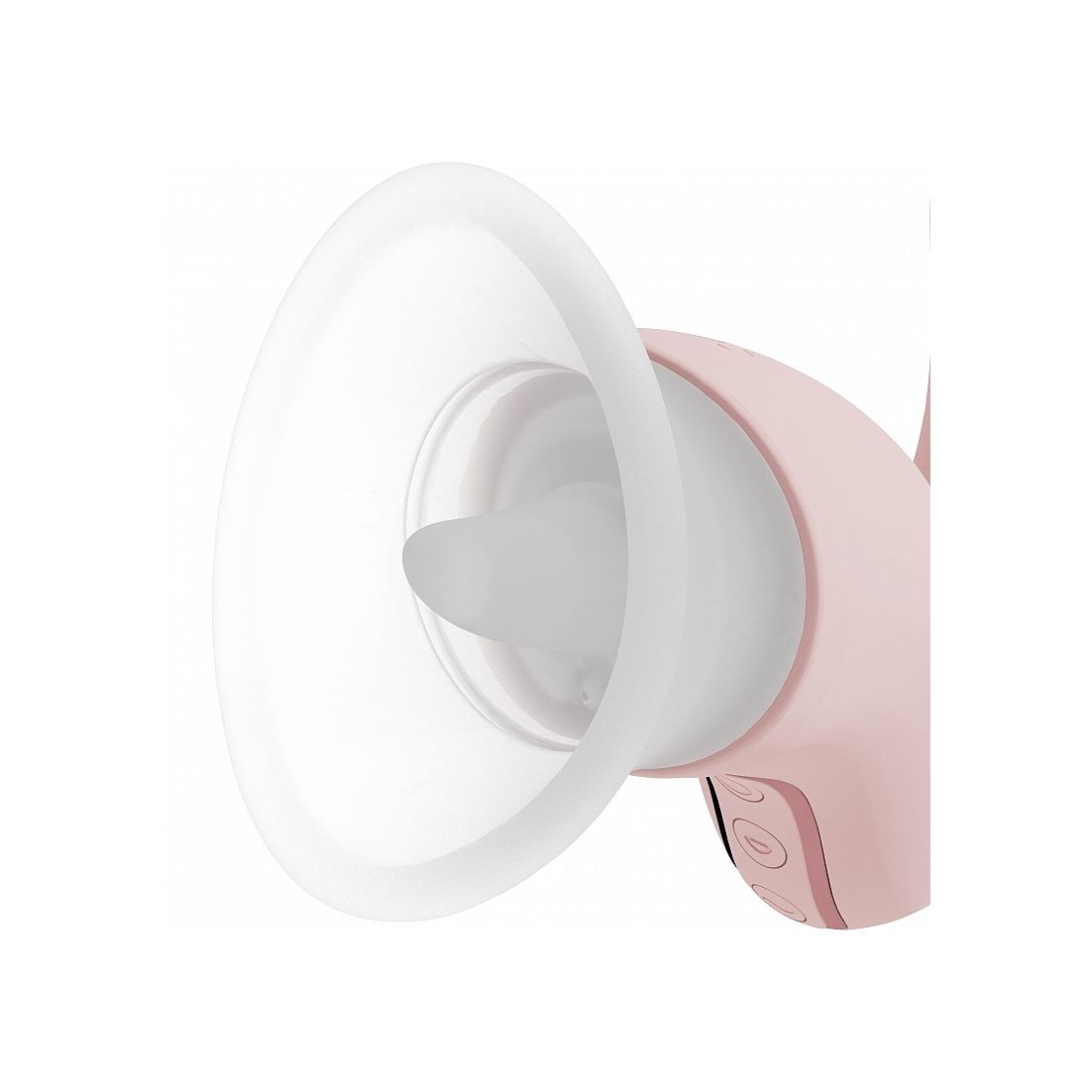 A close-up of a pump device with a translucent white flange and a pale pink body, shown on a clean white background.